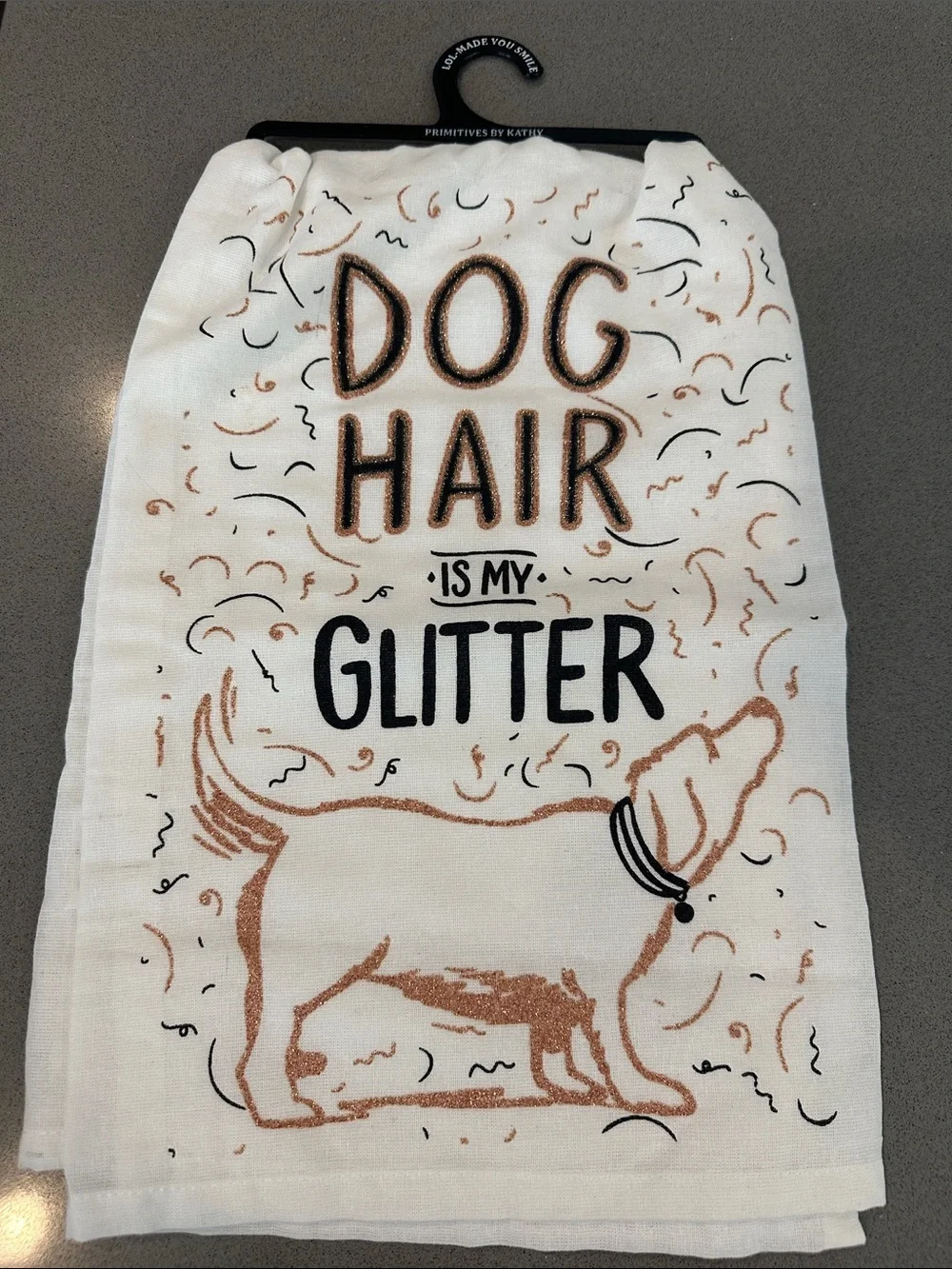 NWT Primitives by Kathy White Kitchen Towel with Bronze and Black Dog Design